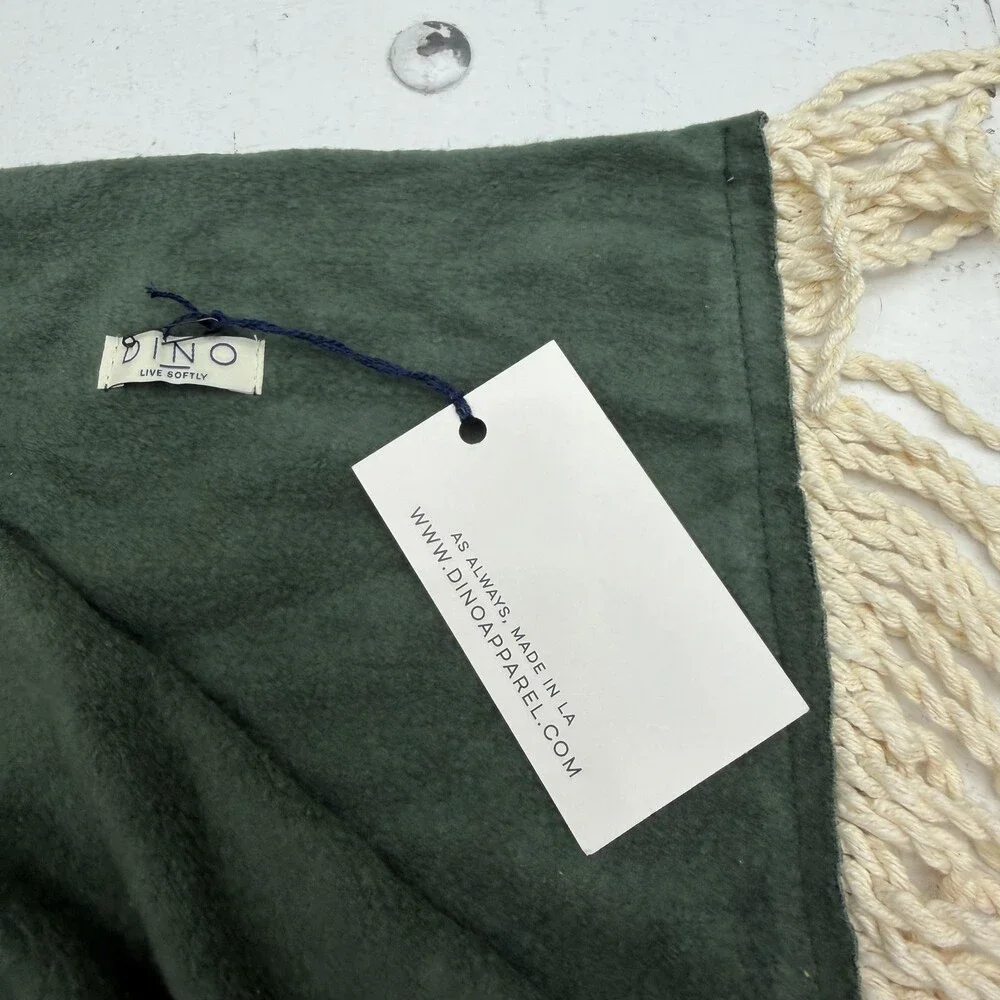DINO Throw Blanket 60x32 Green Fleece Soft Fringe Tassel Modern Made In LA USA